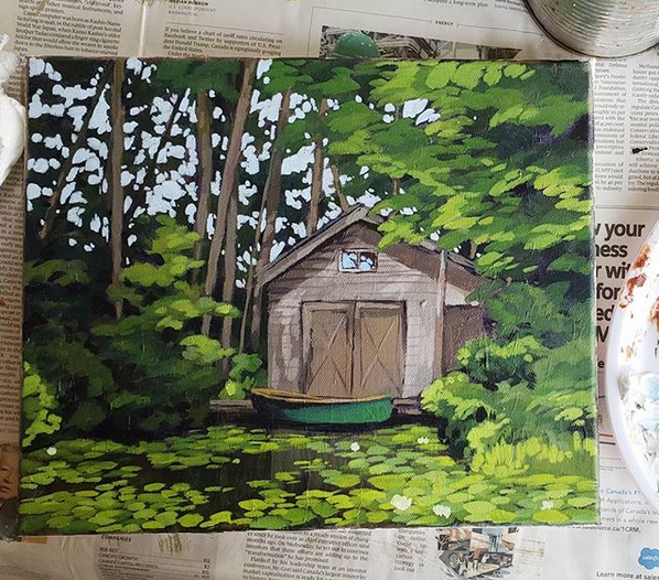 Boathouse. Painted at Big Bald Lake, Ontario, in August 2018. SOLD. 14x11 inches.