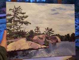 Painted at Big Bald Lake, Ontario, in June 2018. $200. 16x12 inches.