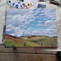 Clouds over the fields in Buckhorn County. Painted in 2020. $300. 18x14 inches.